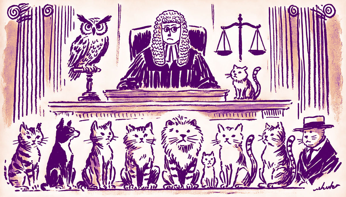 An illustration of a courtroom with a confused judge looking at a jury of cats. There's also an owl for some reason.
