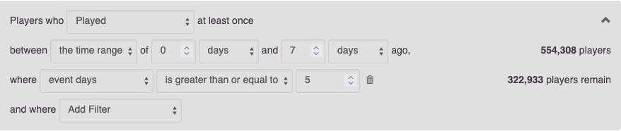 Screenshot of the Teak Audience Builder setting up an audience of players who played in the last 7 days.